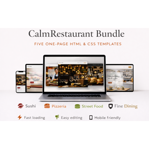 Restaurant Website Bundle – One-Page HTML Restaurant Website Templates (Bootstrap, Sushi, Cafe, Pizzeria, Street Food) Restaurant Website Bundle – One-Page HTML Restaurant Website Templates (Bootstrap, Sushi, Cafe, Pizzeria, Street Food)